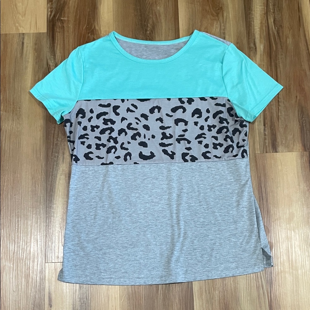 Teal and Gray Leopard Print T-Shirt